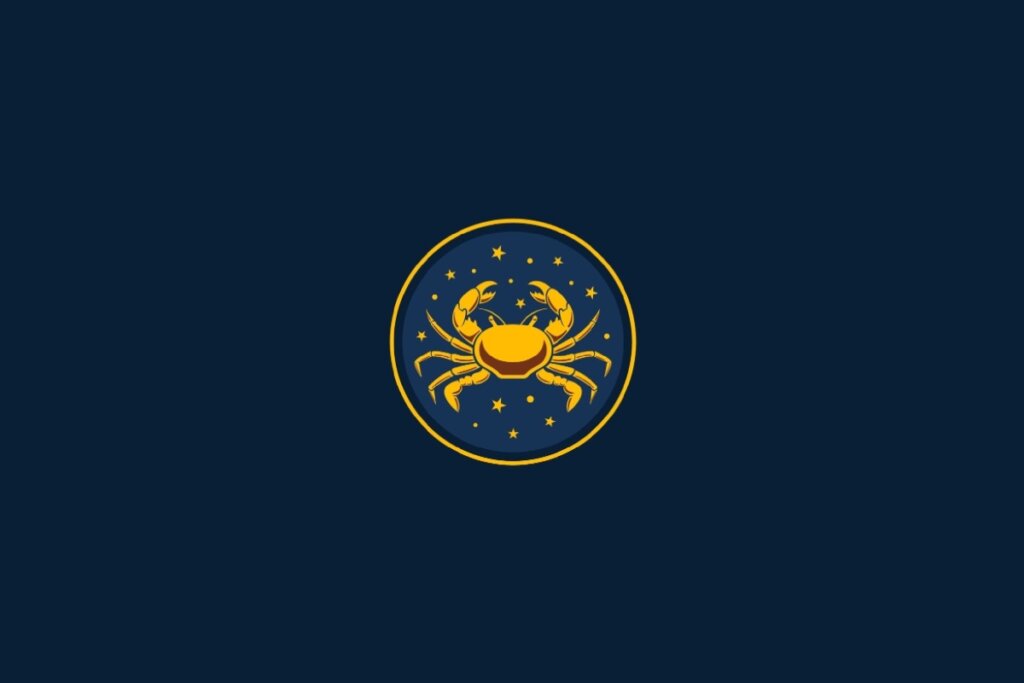 círculo amarelo com ilustração de caranguejo representando o signo de câncer com estrelas amarelas em volta