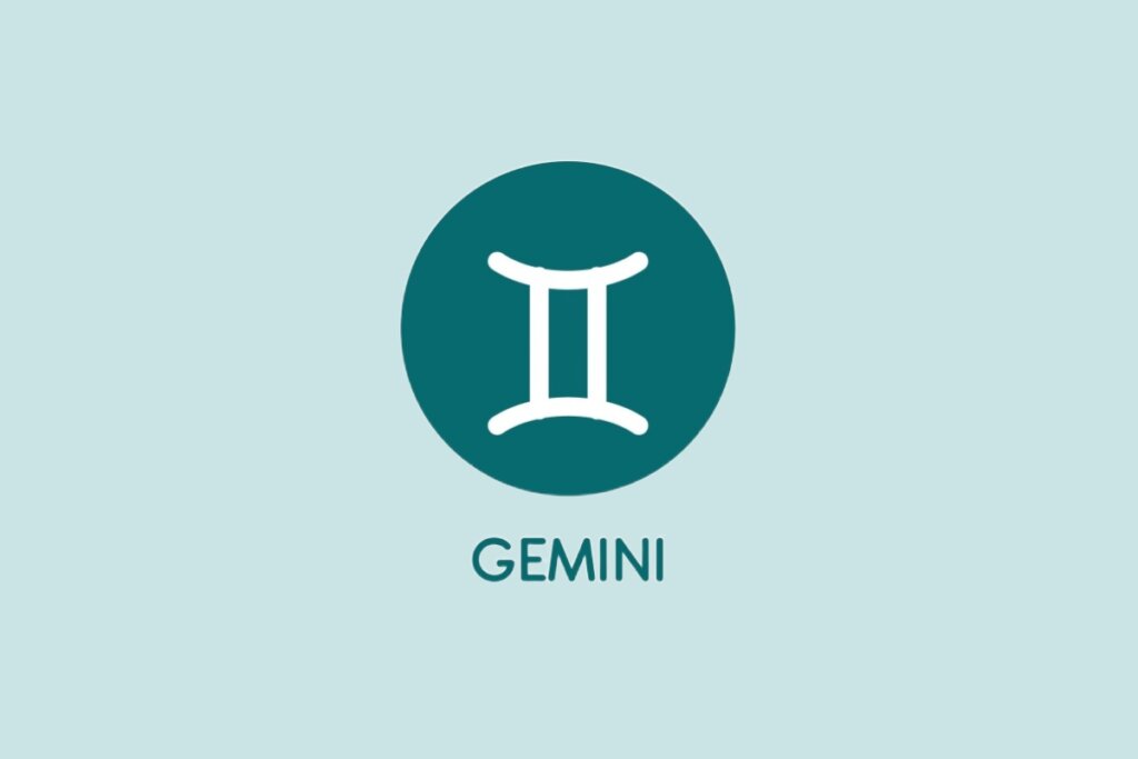 Ilustração do signo de Gêmeos, contendo o símbolo de linhas paralelas unidas em um círculo sobre fundo verde-claro