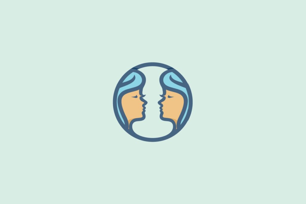 Ilustração do signo de Gêmeos com dois rostos estilizados voltados um para o outro em um fundo azul-claro