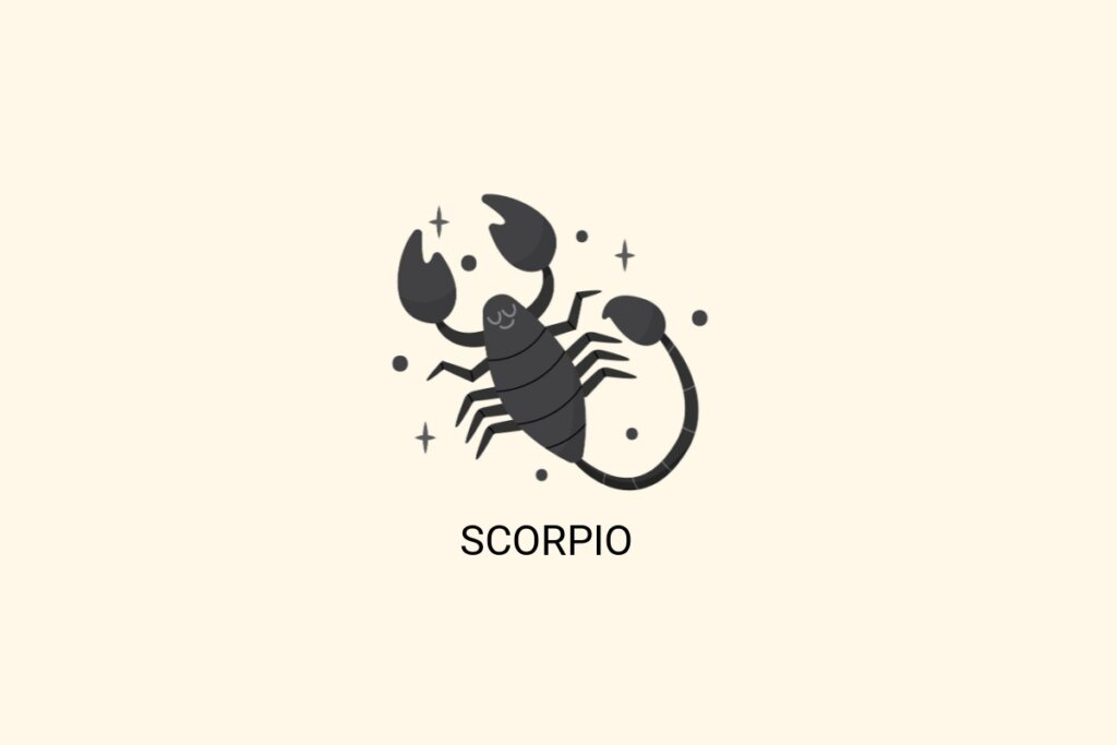 Ilustração do signo de Escorpião, em fundo bege-claro, contendo um escorpião preto com pinças e cauda erguidas