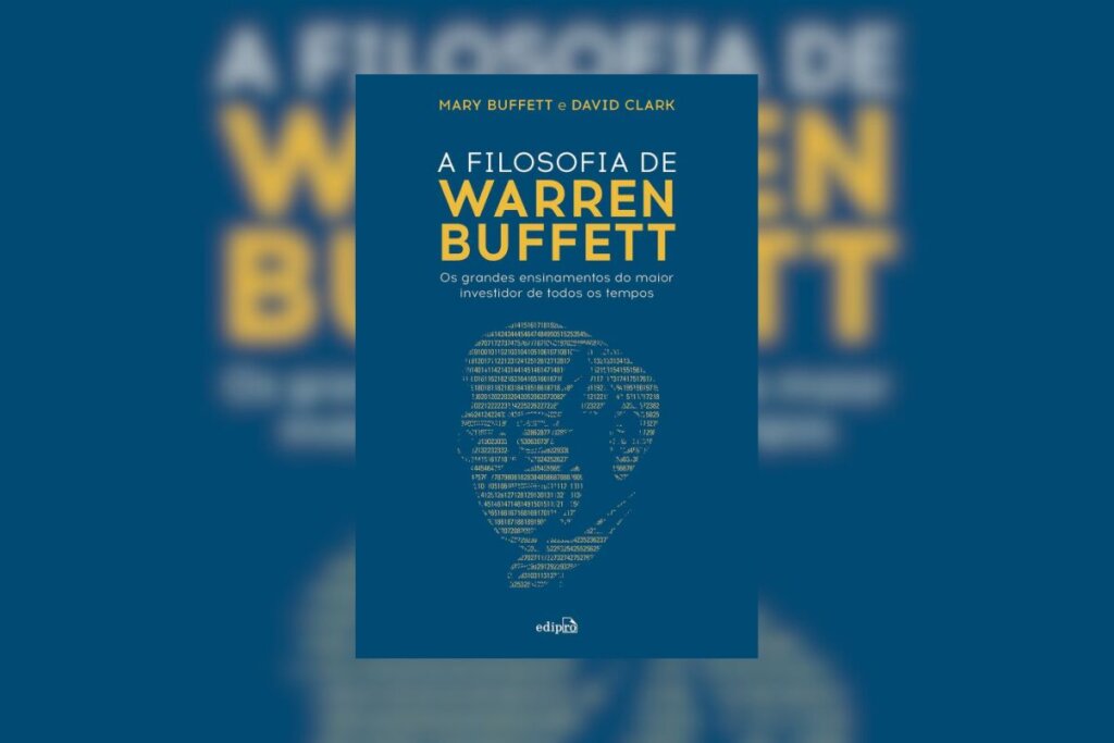 Capa do livro "A filosofia de Warren Buffett", na cor azul e com a ilustração do rosto de um homem 