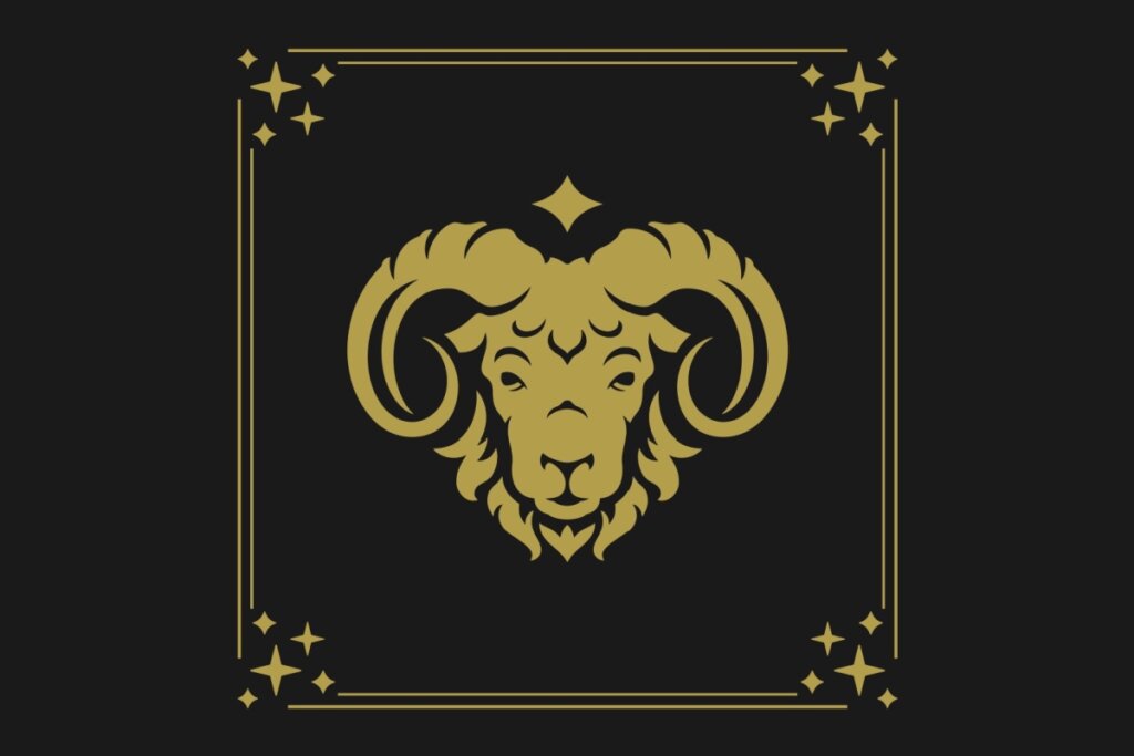 Ilustração com fundo preto e detalhes dourados do signo de Áries