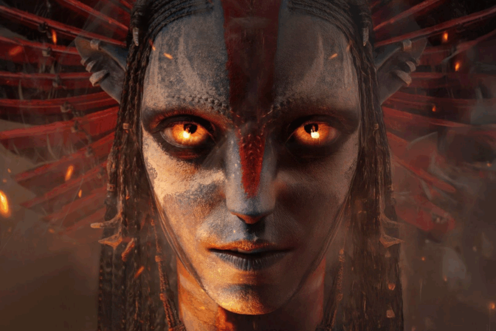 Personagem com pintura corporal simétrica, mantendo o olhar fixo à frente, com olhos iluminados e elementos visuais ao redor do rosto