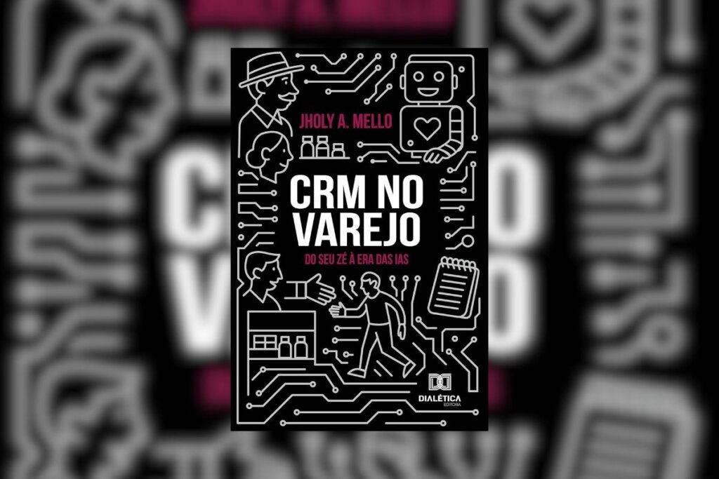 Capa do livro "CRM no varejo: do Seu Zé à era das IAs", na cor preta e com a ilustração de homens, rôbos e cadernos 