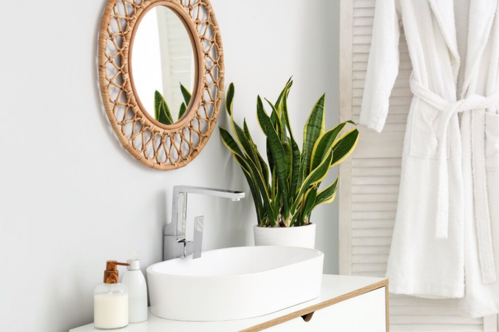 Banheiro branco, com espada-de-são-jorge, espelho redondo de madeira e um roupão pendurado ao fundo 