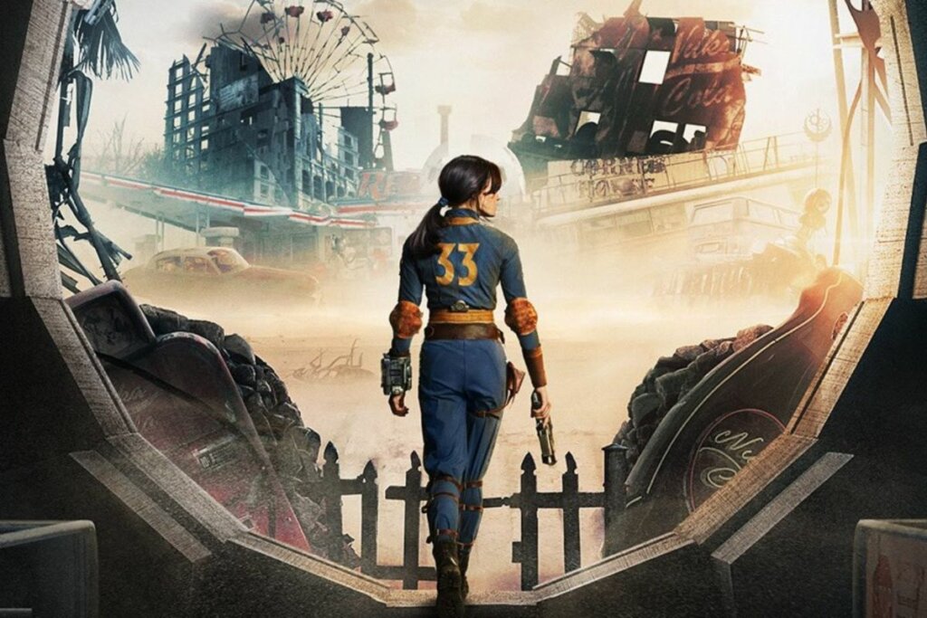 Capa do filme 'Fallout' com mulher de costas com roupa azul e segurando arma 