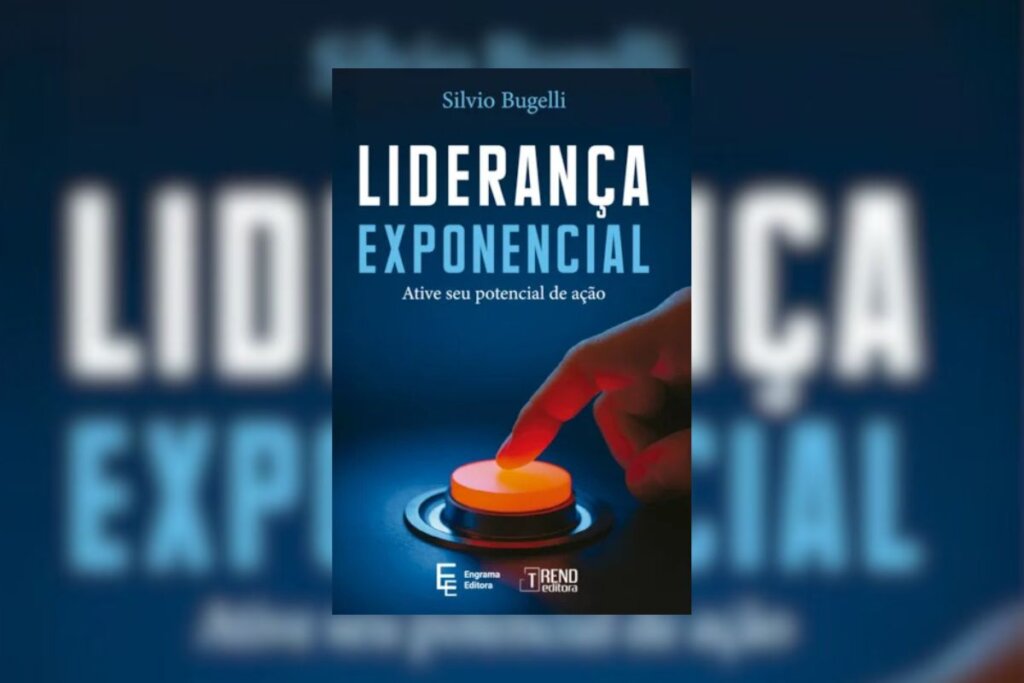 Capa do livro "Liderança exponencial", na cor azul e com a ilustração de uma mão apontando um botão amarelo 