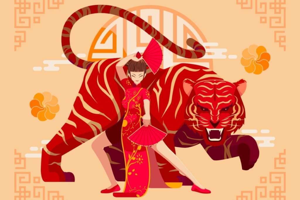 Imagem de um tigre atrás de uma mulher em um fundo laranja