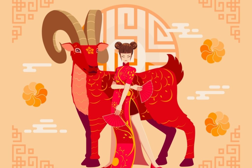 Imagem de uma cabra atrás de uma mulher em um fundo laranja