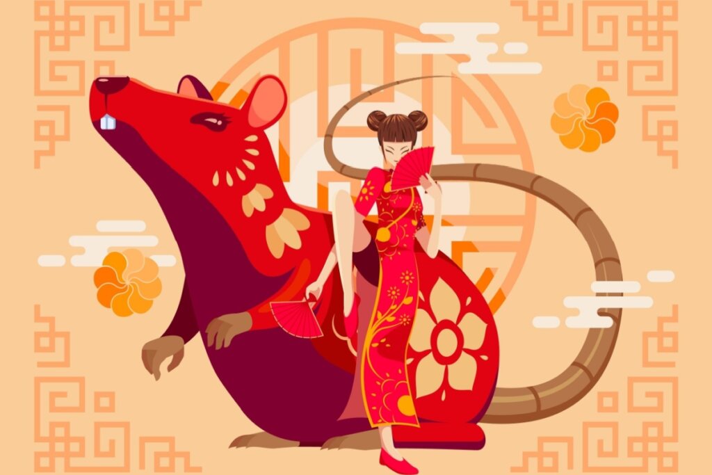 Imagem de um rato atrás de uma mulher em um fundo laranja