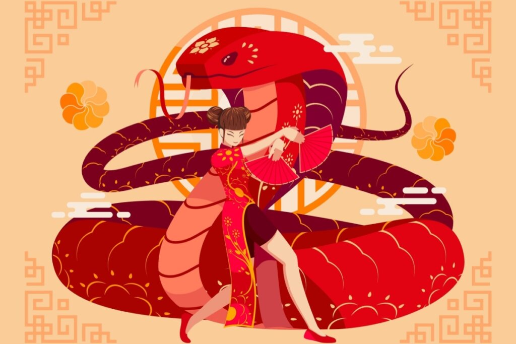 Imagem de uma serpente atrás de uma mulher em um fundo laranja