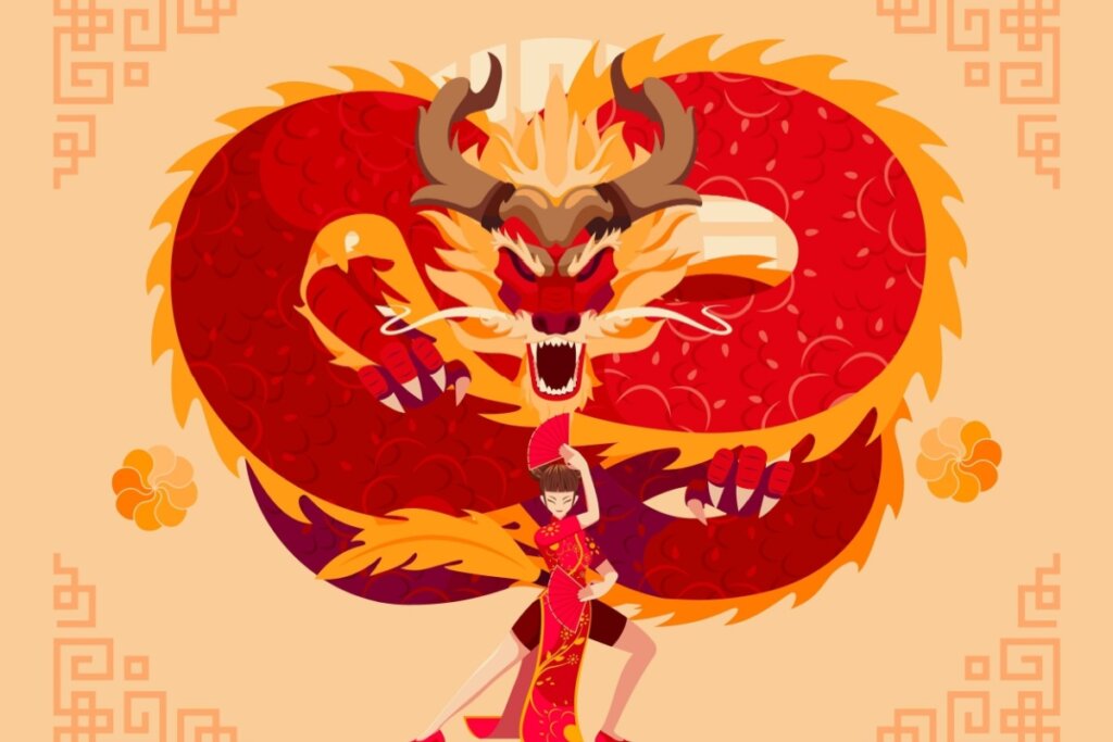 Imagem de um dragão atrás de uma mulher em um fundo laranja