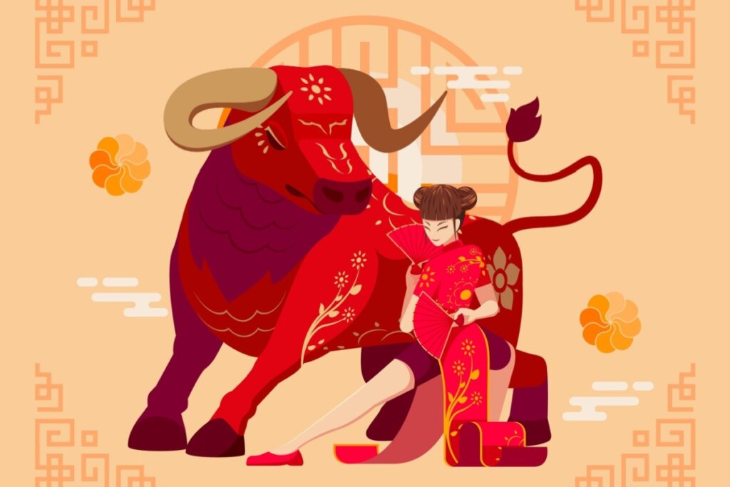 Imagem de um Búfalo atrás de uma mulher em um fundo laranja