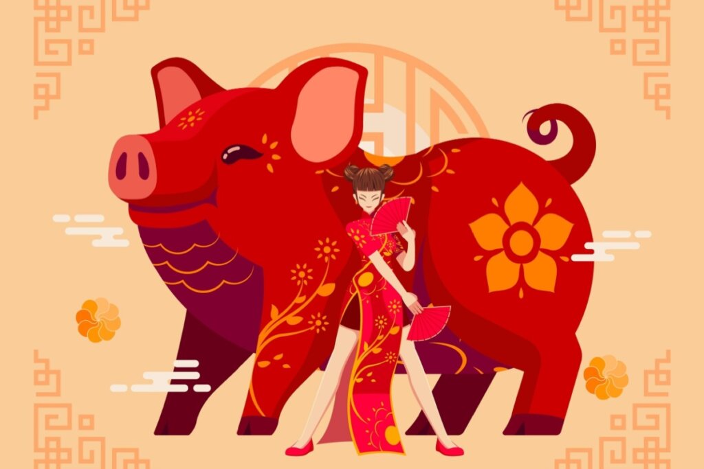 Imagem de um javali atrás de uma mulher em um fundo laranja