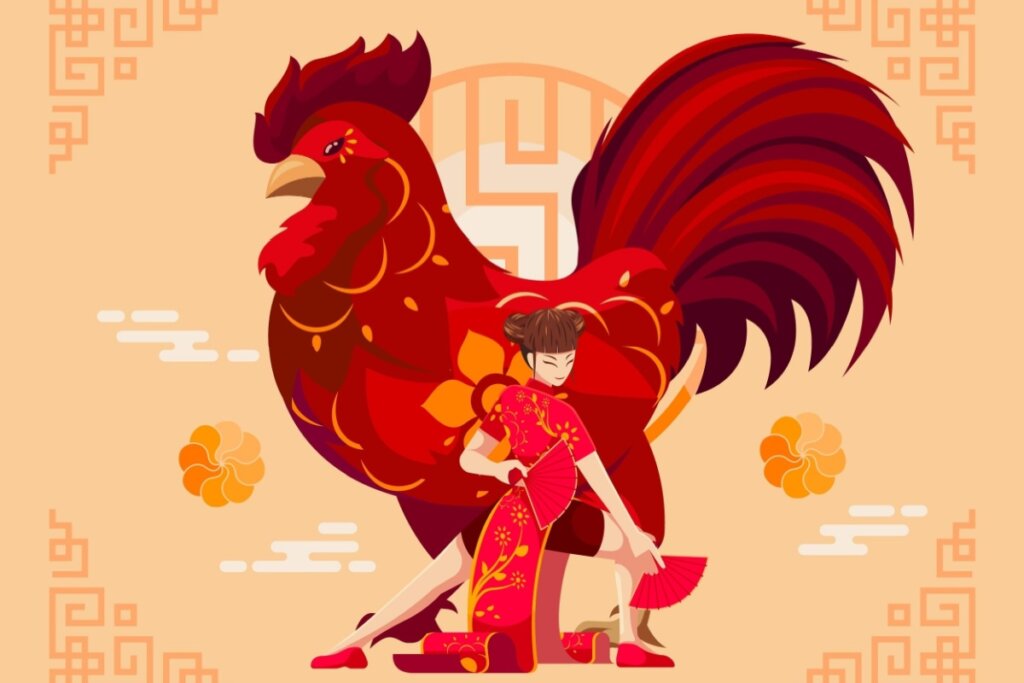 Imagem de um galo atrás de uma mulher em um fundo laranja