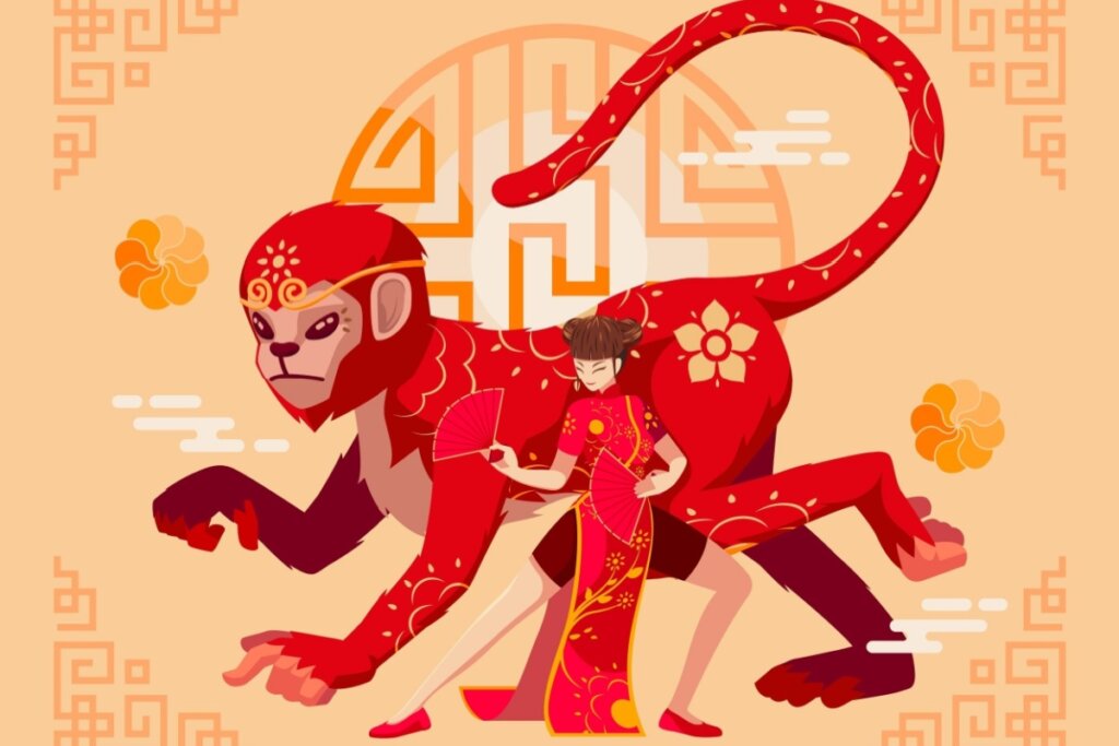 Imagem de um macaco atrás de uma mulher em um fundo laranja