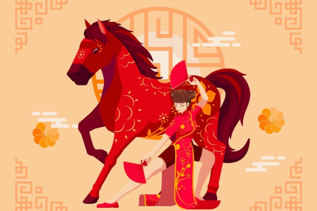 Imagem de um cavalo atrás de uma mulher em um fundo laranja