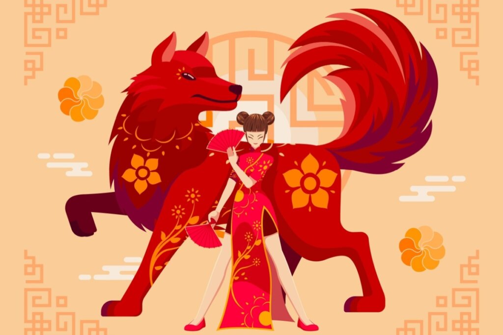 Imagem de um cão atrás de uma mulher em um fundo laranja