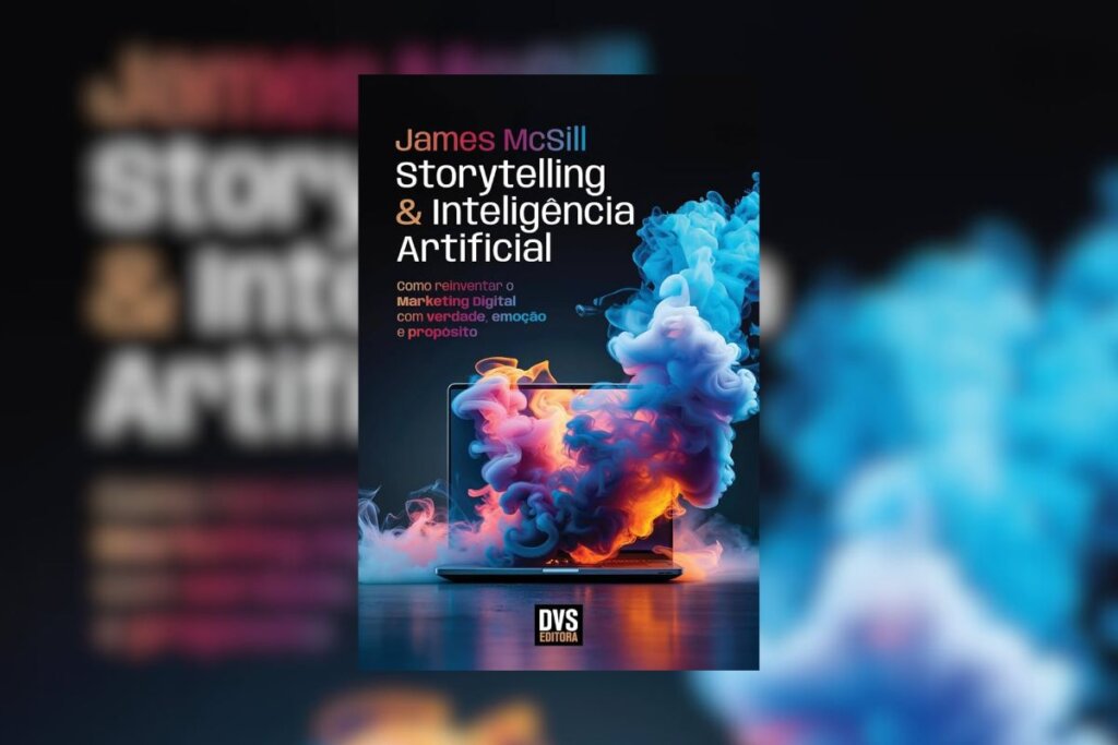 Capa do livro "Storytelling e Inteligência Artificial", na cor preta e com a  imagem de um notebook com fumaça colorida saindo da tela 