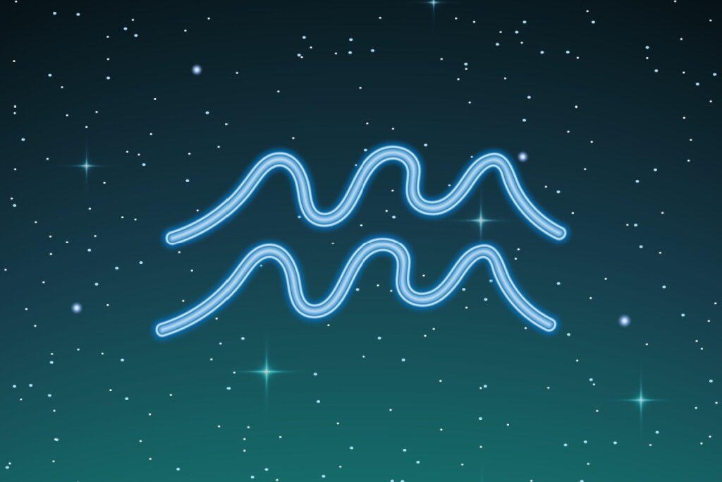ilustração azul do símbolo de aquário sobre fundo esverdeado com estrelas