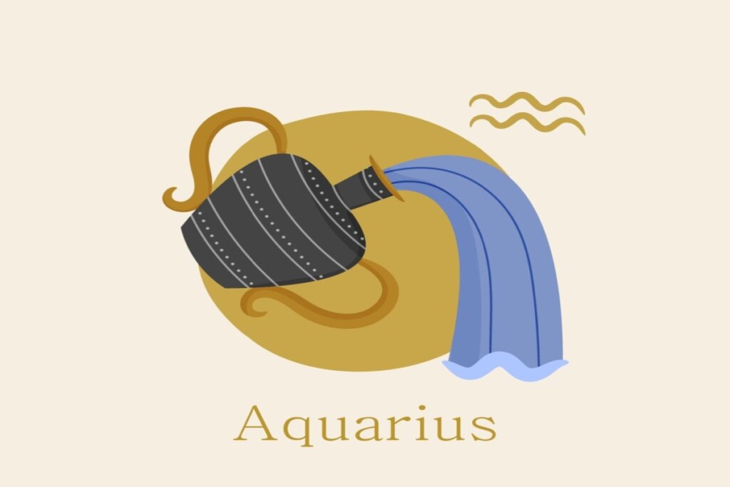 ilustração de um jarro preto saindo água azul sobre círculo amarelo representando o signo de aquário. símbolo e nome do signo em volta