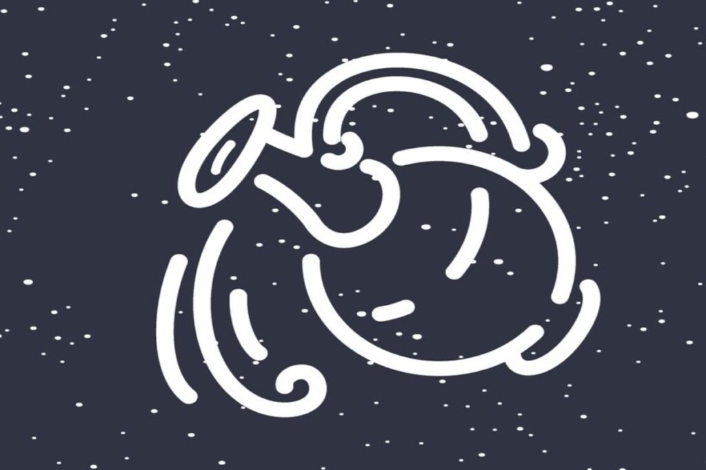 Ilustração branca de jarro saindo água representando o signo de aquário sobre fundo azul-escuro com estrelas