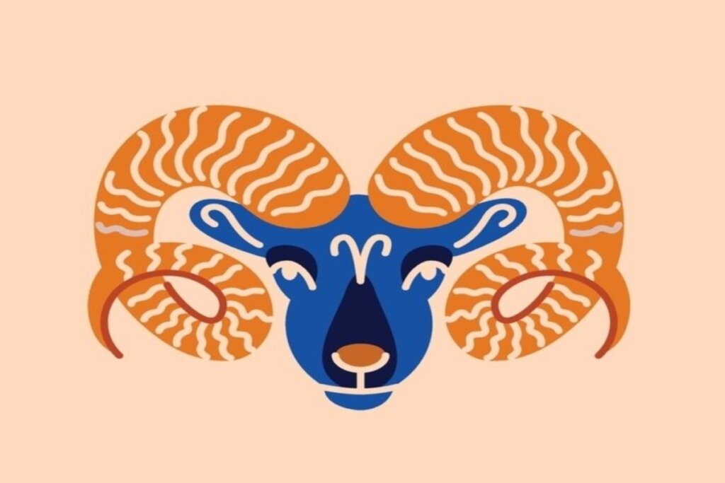 ilustração de carneiro com cara azul e chifres laranjas representando o signo de áries