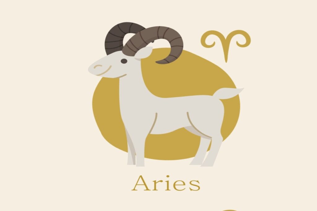 ilustração de uma cabra branca sobre círculo amarelo representando o signo de áries. símbolo e nome do signo em volta