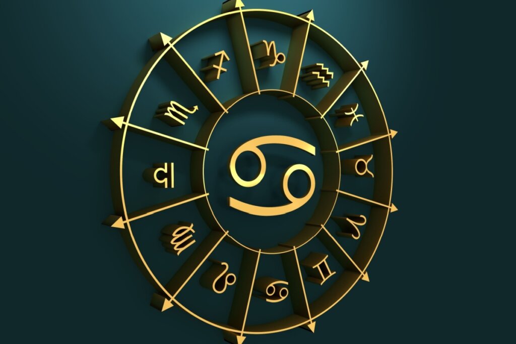 círculo em amarelo com símbolo dos 12 signos em volta, separados por flechas, com símbolo do signo de câncer no centro, sobre fundo verde-escuro