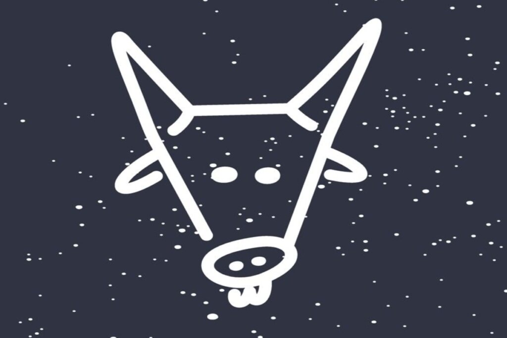 Ilustração branca de bode representando o signo de capricórnio sobre fundo azul-escuro com estrelas