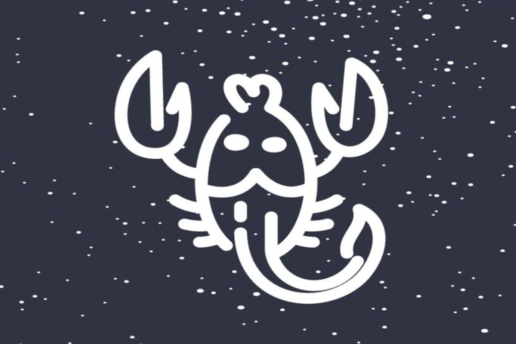 Ilustração branca de escorpião representando o signo de escorpião sobre fundo azul-escuro com estrelas