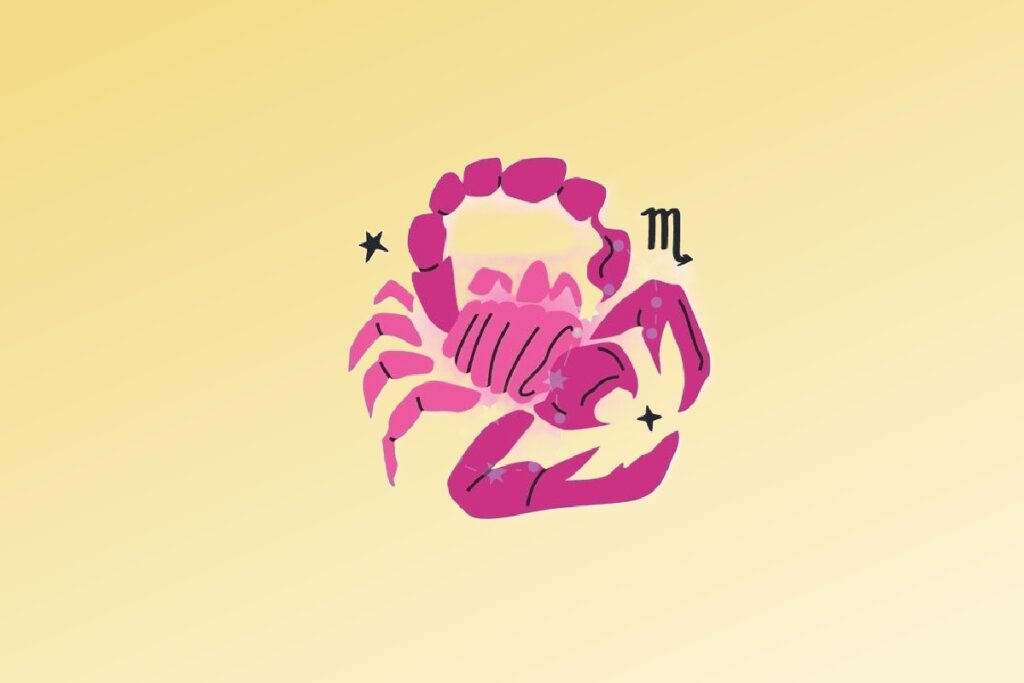 Ilustração do signo de Escorpião contendo um escorpião com símbolo do signo em fundo amarelo