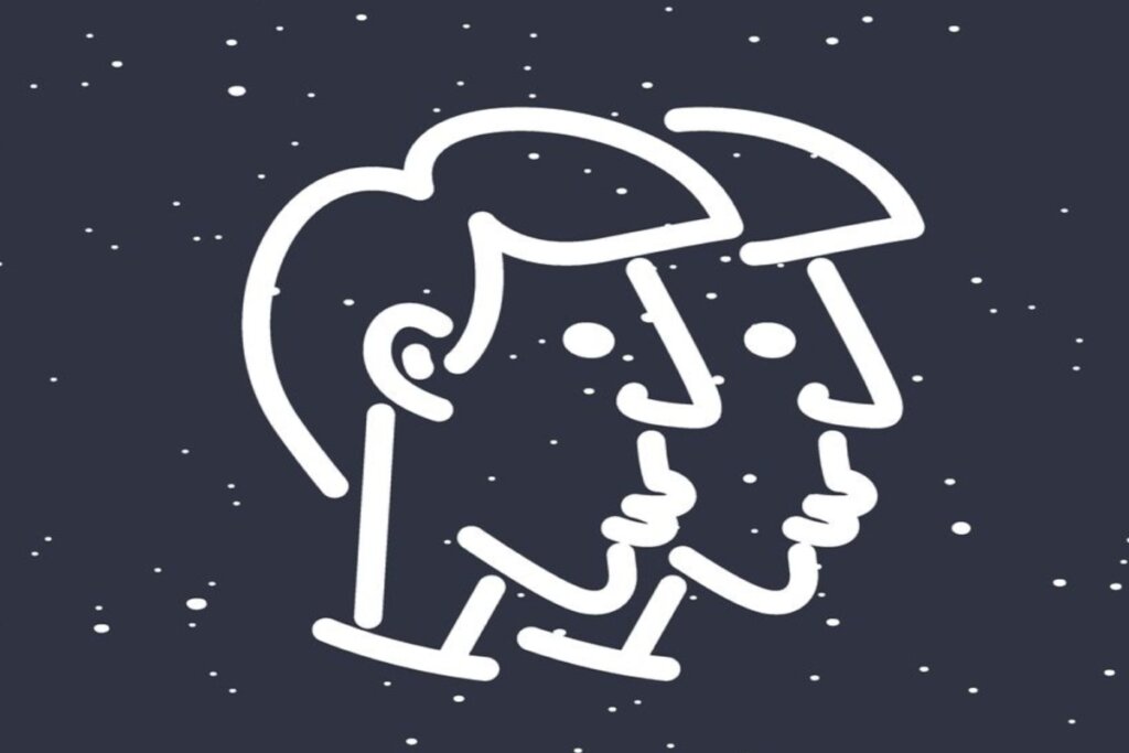 Ilustração branca da cabeça de dois homens representando o signo de gêmeos sobre fundo azul-escuro com estrelas