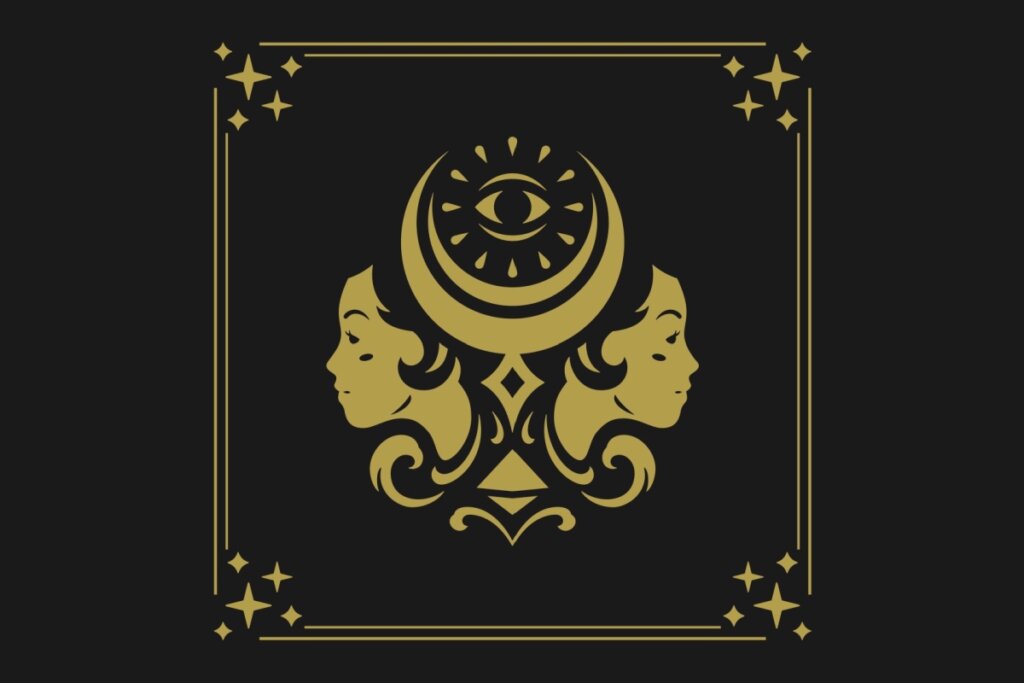 Ilustração com fundo preto e detalhes dourados do signo de Gêmeos