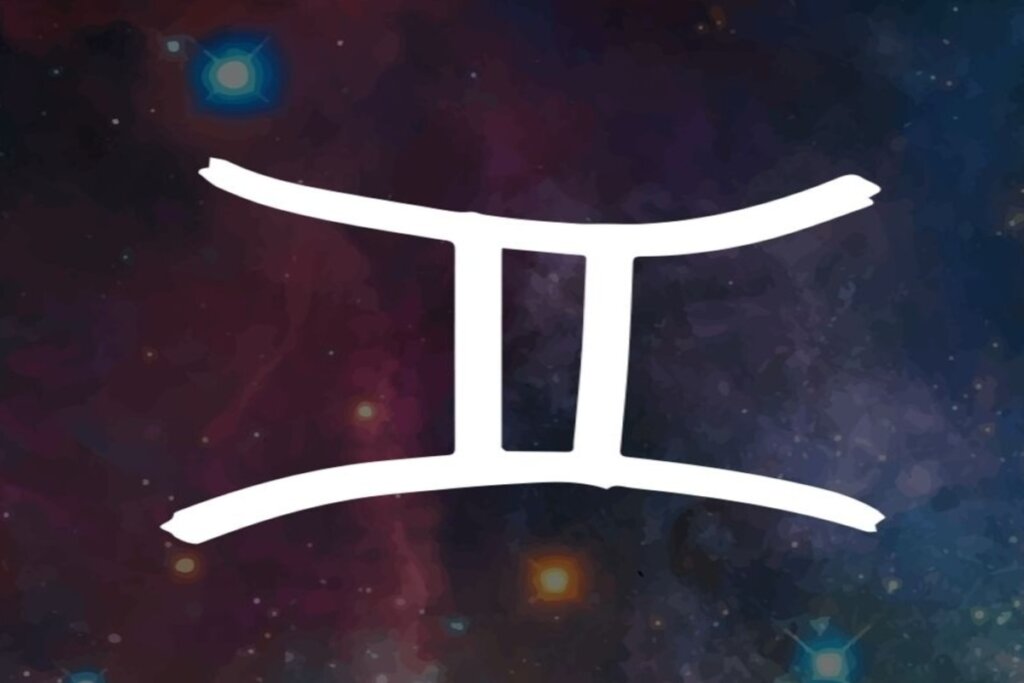 Ilustração branca do símbolo do signo de gêmeos sobre fundo de galáxia com estrelas