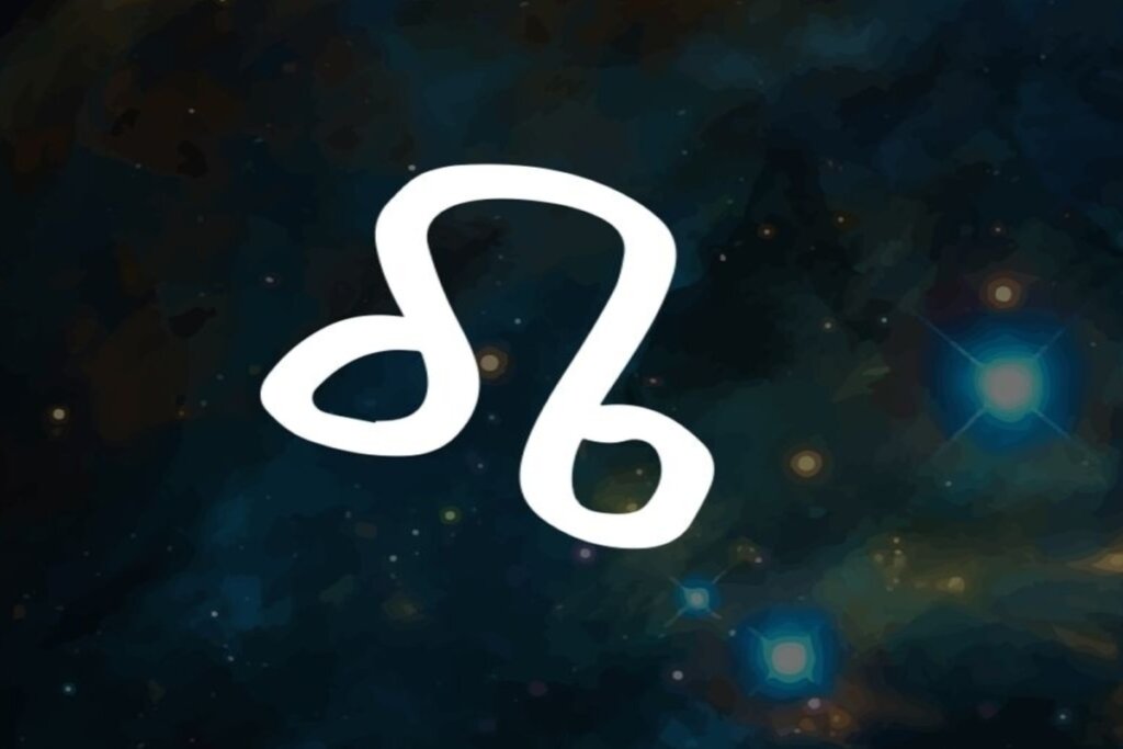 Ilustração branca do símbolo do signo de leão sobre fundo de galáxia com estrelas