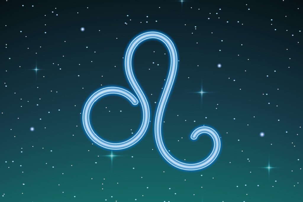 ilustração azul do símbolo de leão sobre fundo esverdeado com estrelas