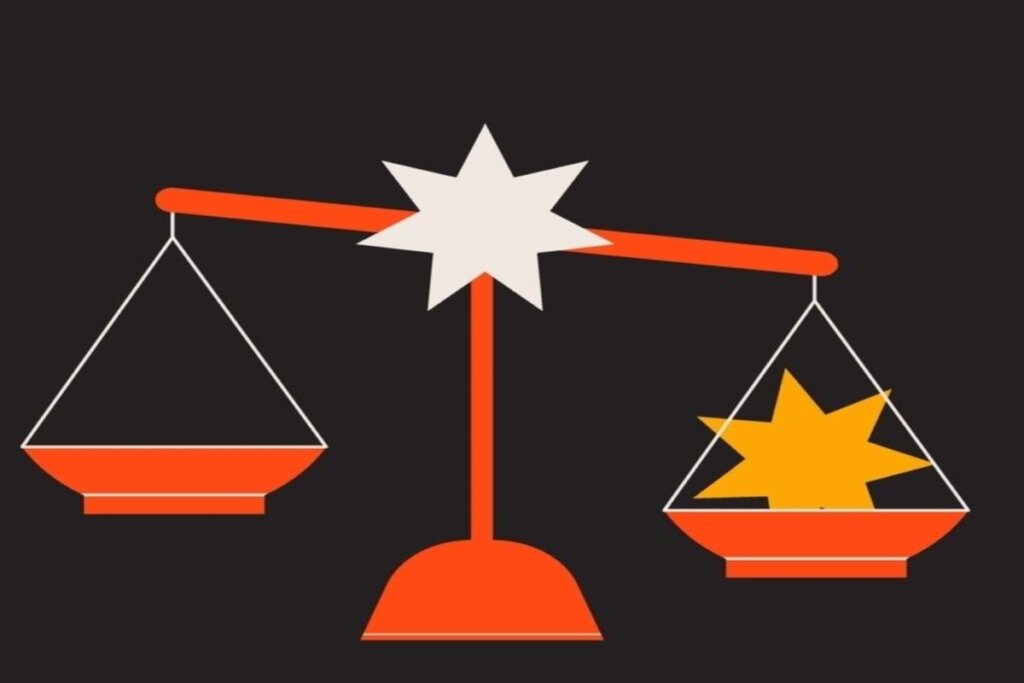 ilustração de uma balança em tons de laranja e amarelo representando o signo de libra sobre fundo preto