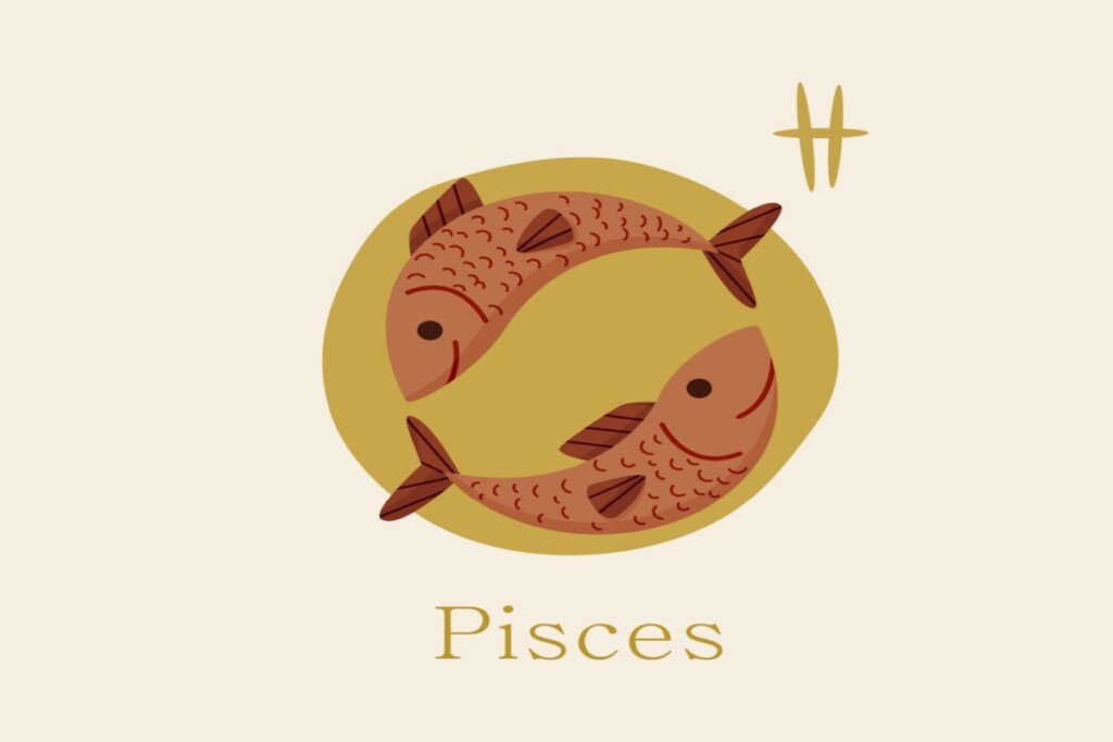 ilustração de dois peixes laranjas sobre círculo amarelo representando o signo de peixes. símbolo e nome do signo em volta