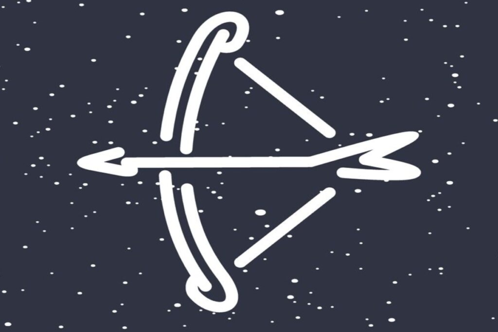 Ilustração branca de arco e flecha representando o signo de sagitário sobre fundo azul-escuro com estrelas