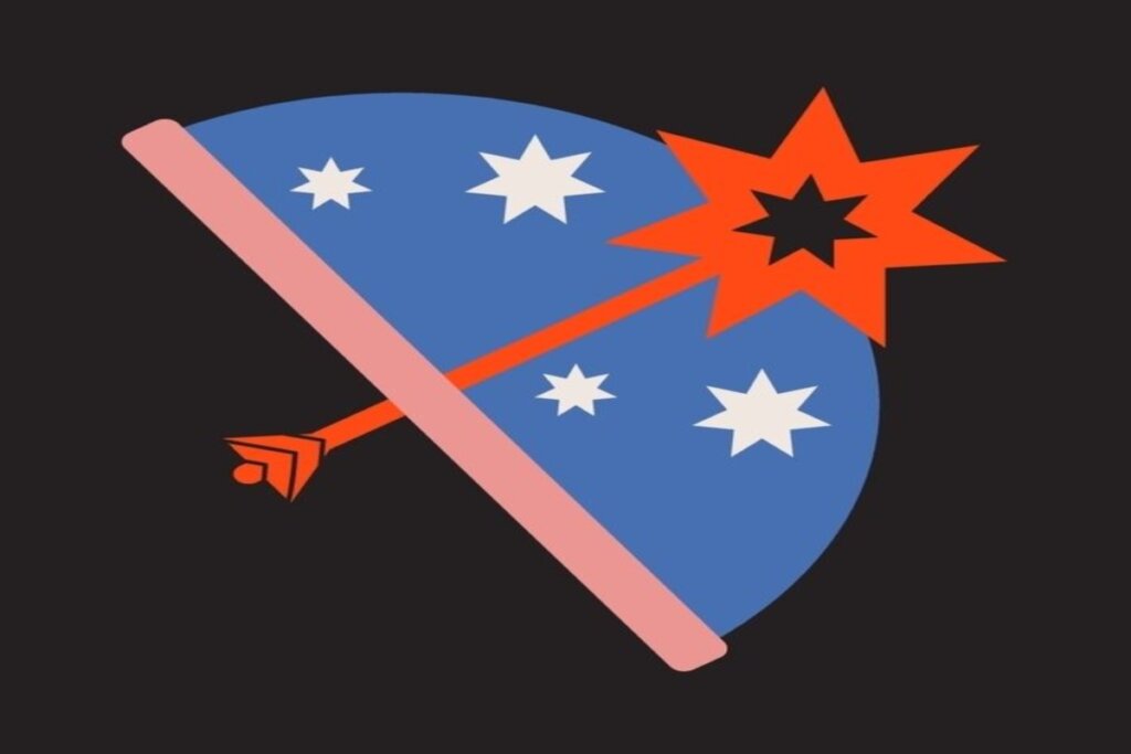 ilustração de um arco e flecha em tons de branco, rosa, laranja e azul representando o signo de sagitário sobre fundo preto