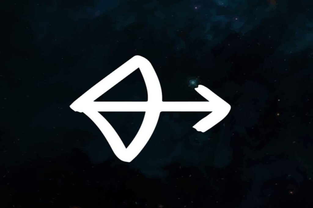 Ilustração branca do símbolo do signo de sagitário sobre fundo de galáxia com estrelas