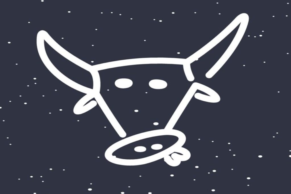 Ilustração branca de touro representando o signo de touro sobre fundo azul-escuro com estrelas