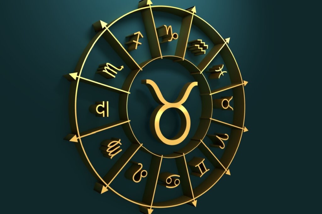 círculo em amarelo com símbolo dos 12 signos em volta, separados por flechas, com símbolo do signo de touro no centro, sobre fundo verde-escuro