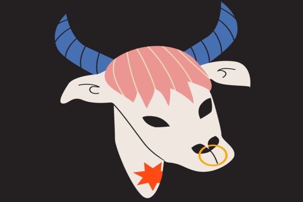 ilustração de um touro em tons de branco e azul representando o signo de touro sobre fundo preto