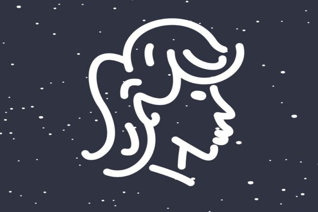 Ilustração branca de uma mulher representando o signo de virgem sobre fundo azul-escuro com estrelas