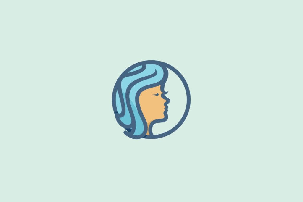 Ilustração do signo de Virgem, simbolizado por um rosto feminino de perfil com cabelo ondulado azul dentro de um círculo em um fundo azul-claro