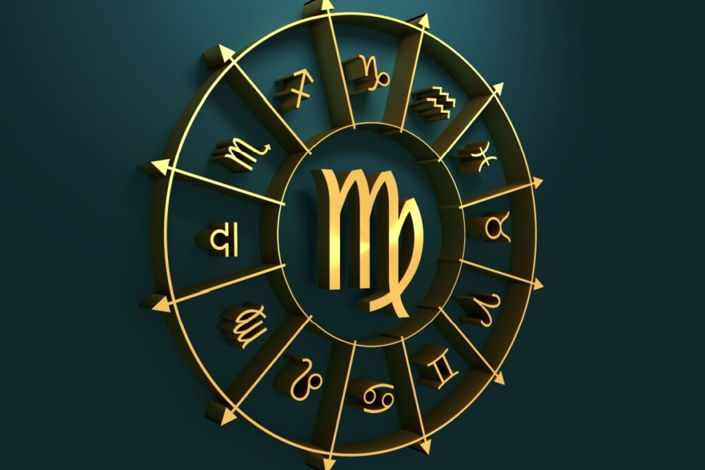 círculo em amarelo com símbolo dos 12 signos em volta, separados por flechas, com símbolo do signo de virgem no centro, sobre fundo verde-escuro