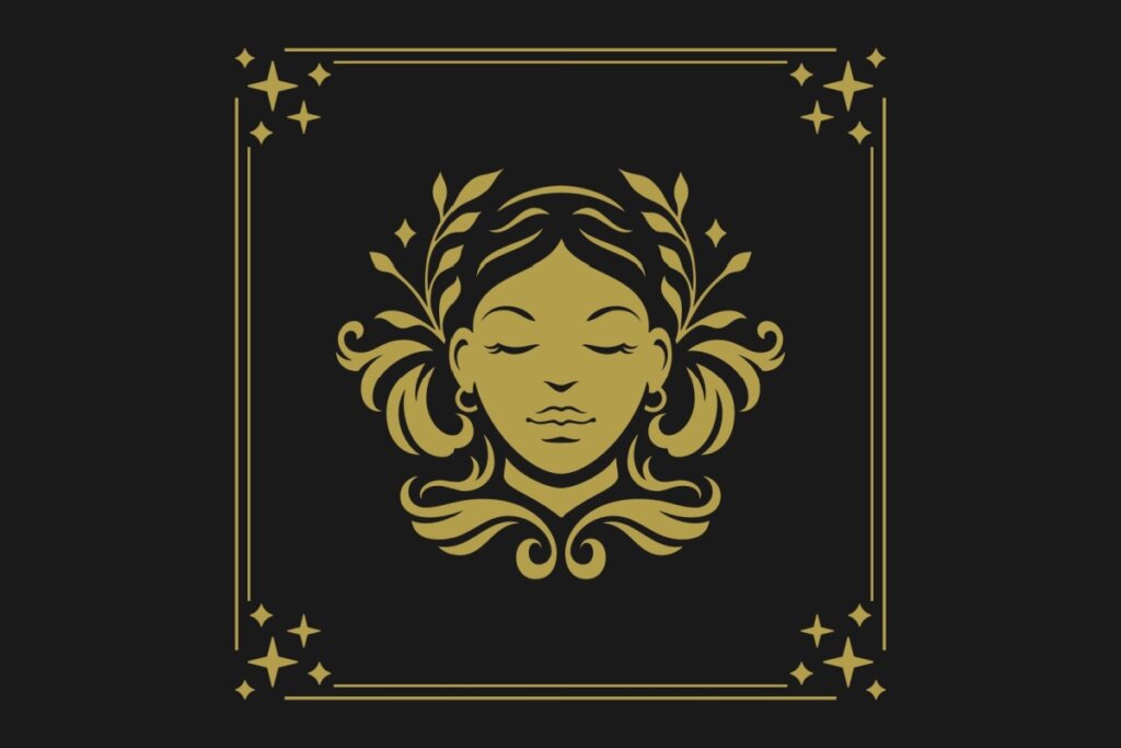 Ilustração com fundo preto e detalhes dourados do signo de Virgem