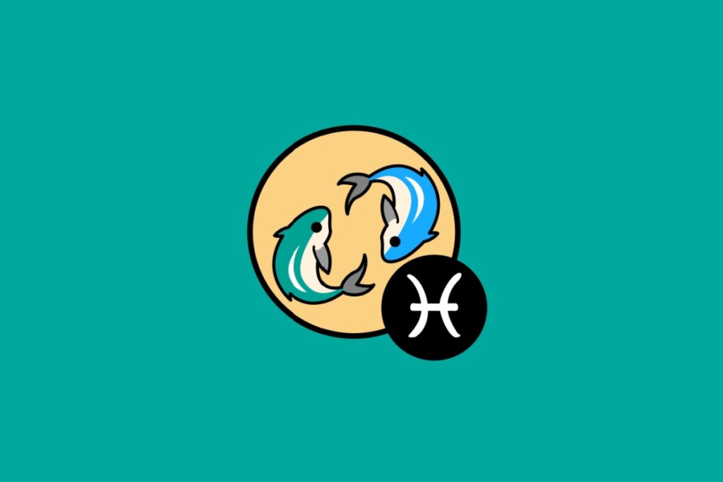 Ilustração do signo de Peixes, em fundo verde-azulado, contendo dois peixes em tons de azul e verde formando um círculo sobre um disco amarelado com o símbolo astrológico em círculo preto